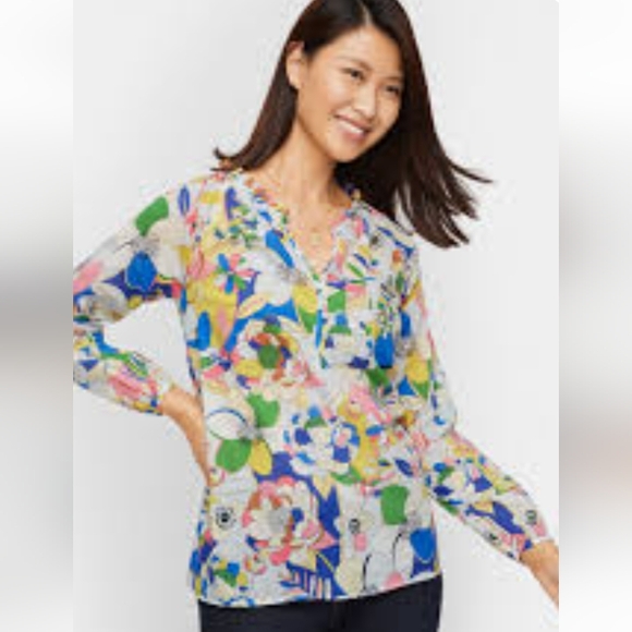 Sz Sm Talbots Ruffle Trim Popover Floral Top - Picture 1 of 4